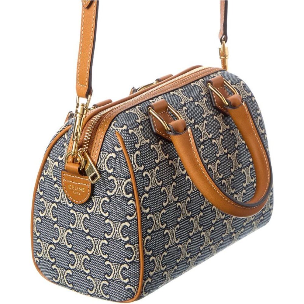 Celine Boston Small Triomphe Jacquard Canvas & Leather Shoulder Bag, Beige - Picture 3 of 4